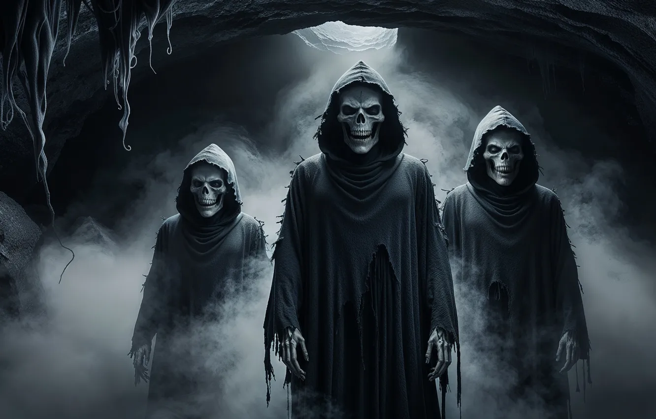 Photo wallpaper light, night, fog, death, fear, holiday, smoke, skull