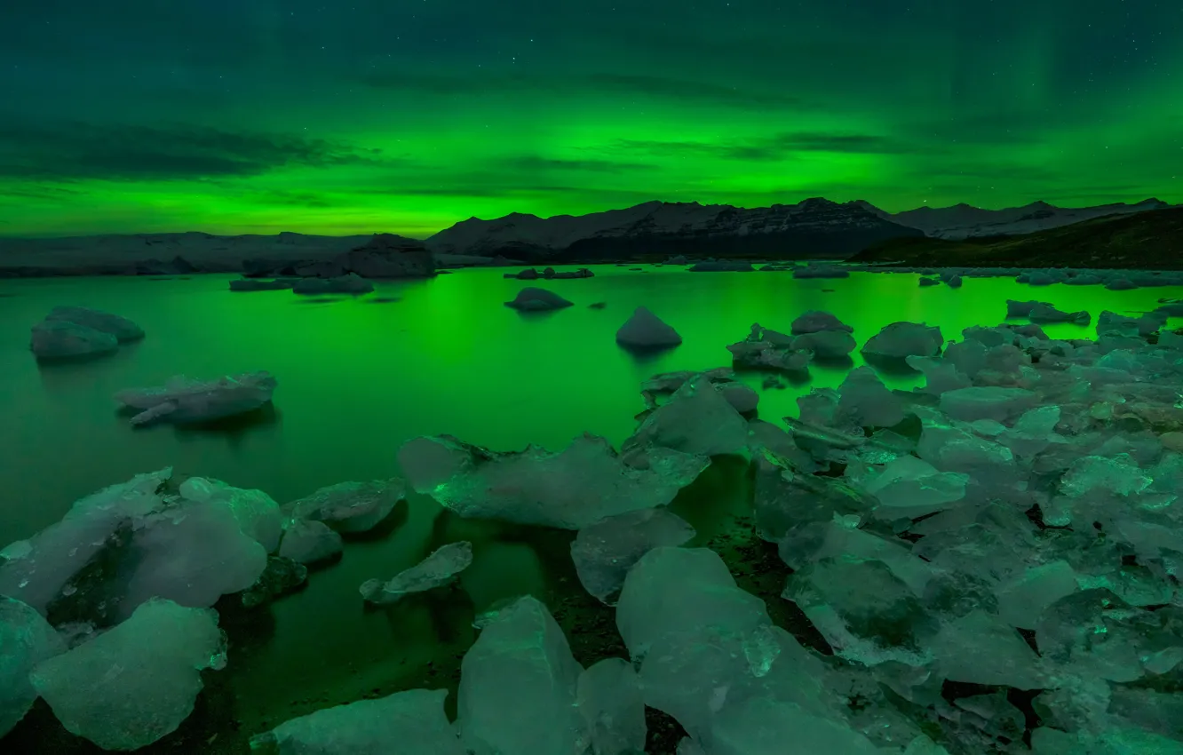Photo wallpaper winter, the sky, mountains, night, shore, ice, Northern lights, ice
