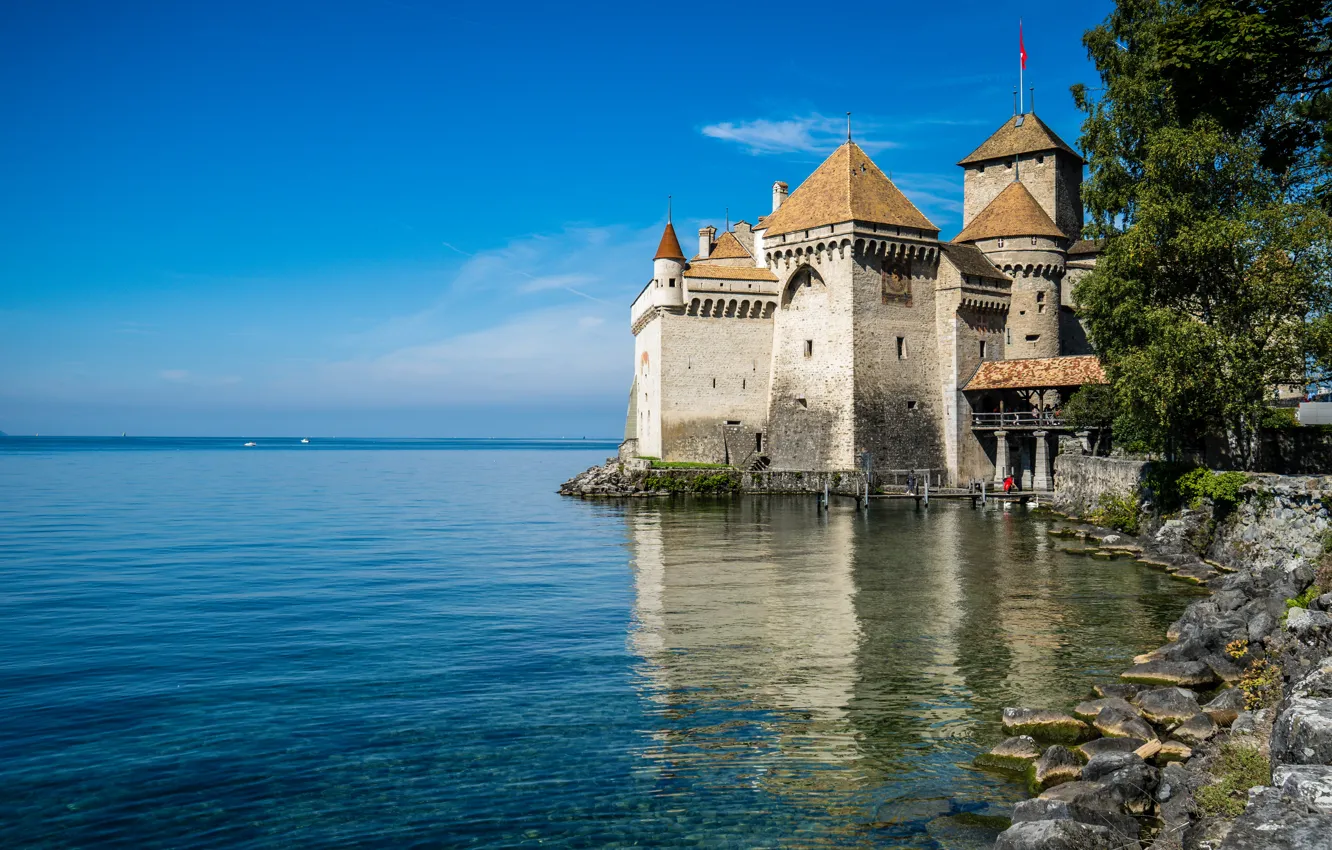 Photo wallpaper landscape, nature, lake, stones, castle, Switzerland, Lake Geneva, Chillon castle