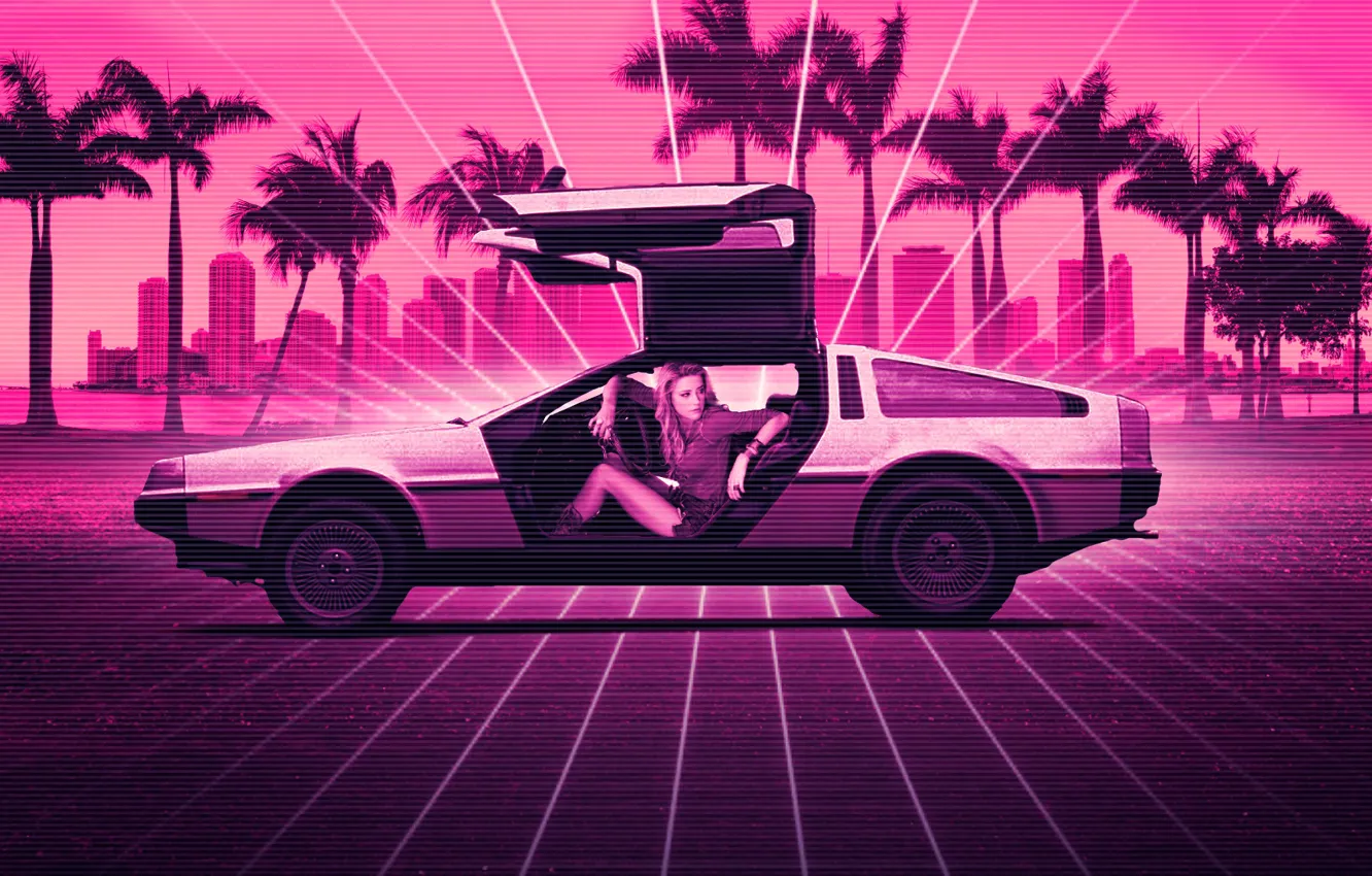 Photo wallpaper girl, music, background, neon, DeLorean DMC-12, DeLorean, DMC-12, DMC