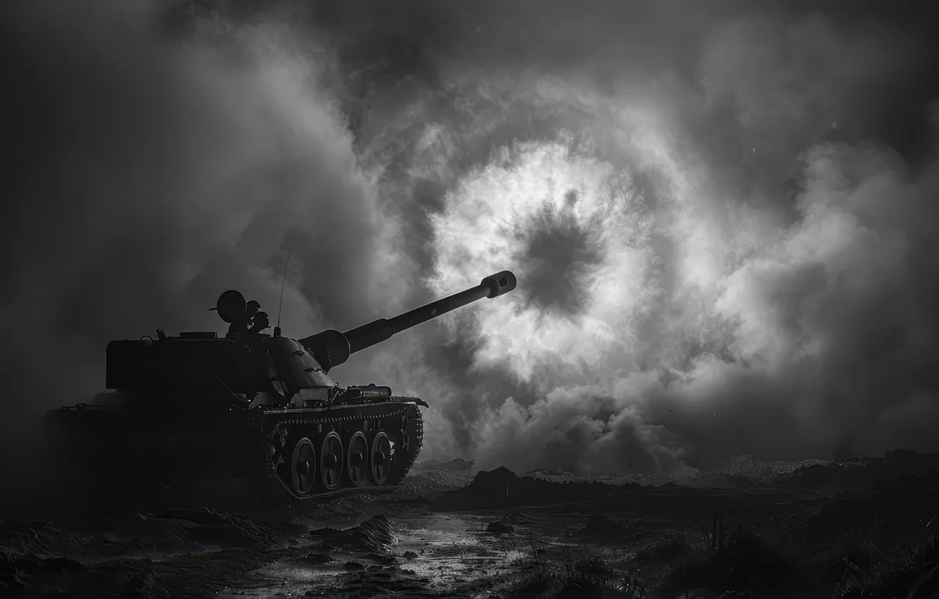Photo wallpaper shot, tank, black and white, digital art, AI art, The Art of Artificial Intelligence, War …