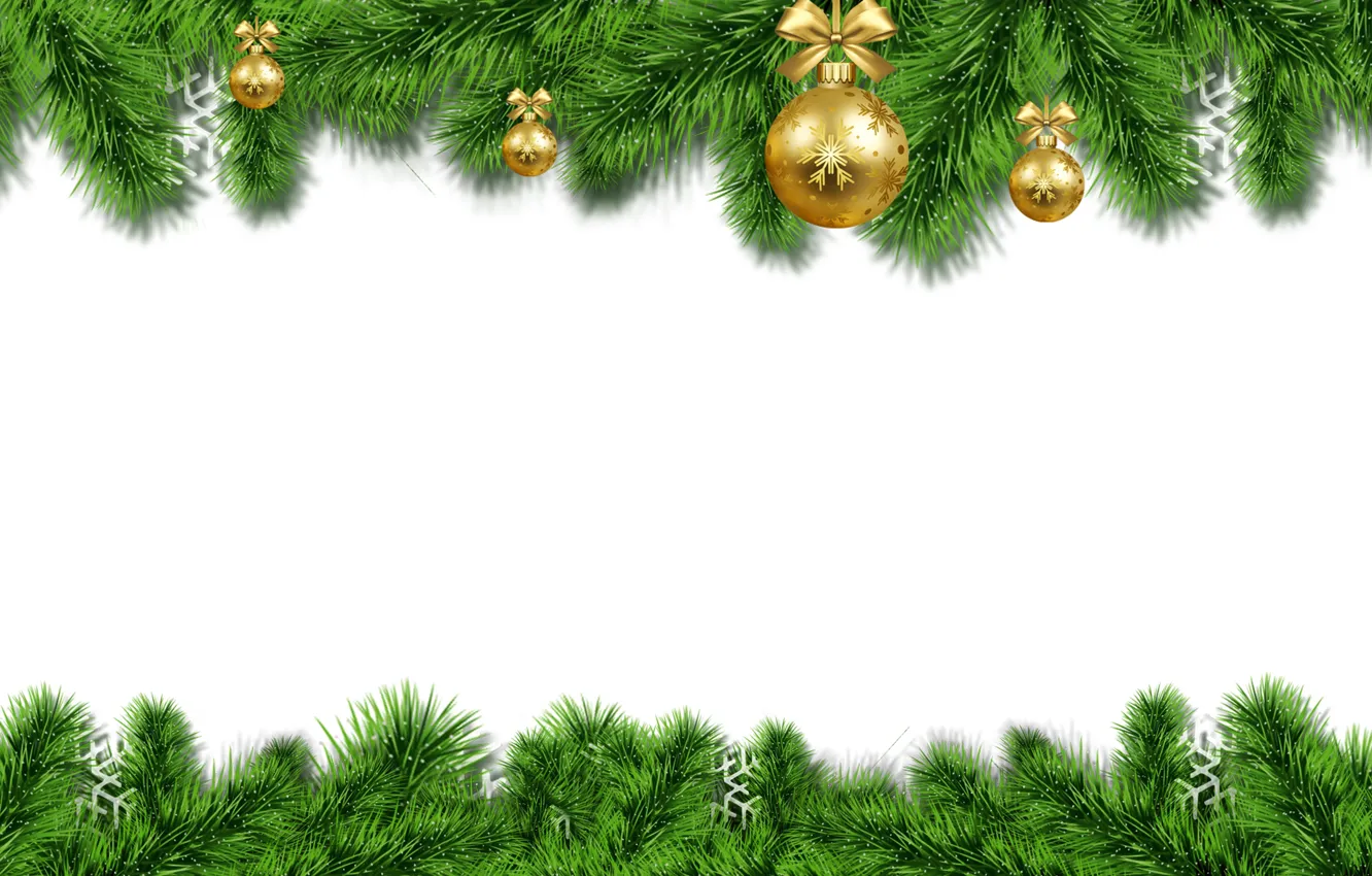 Photo wallpaper winter, balls, snowflakes, branches, texture, frame, Christmas, white background