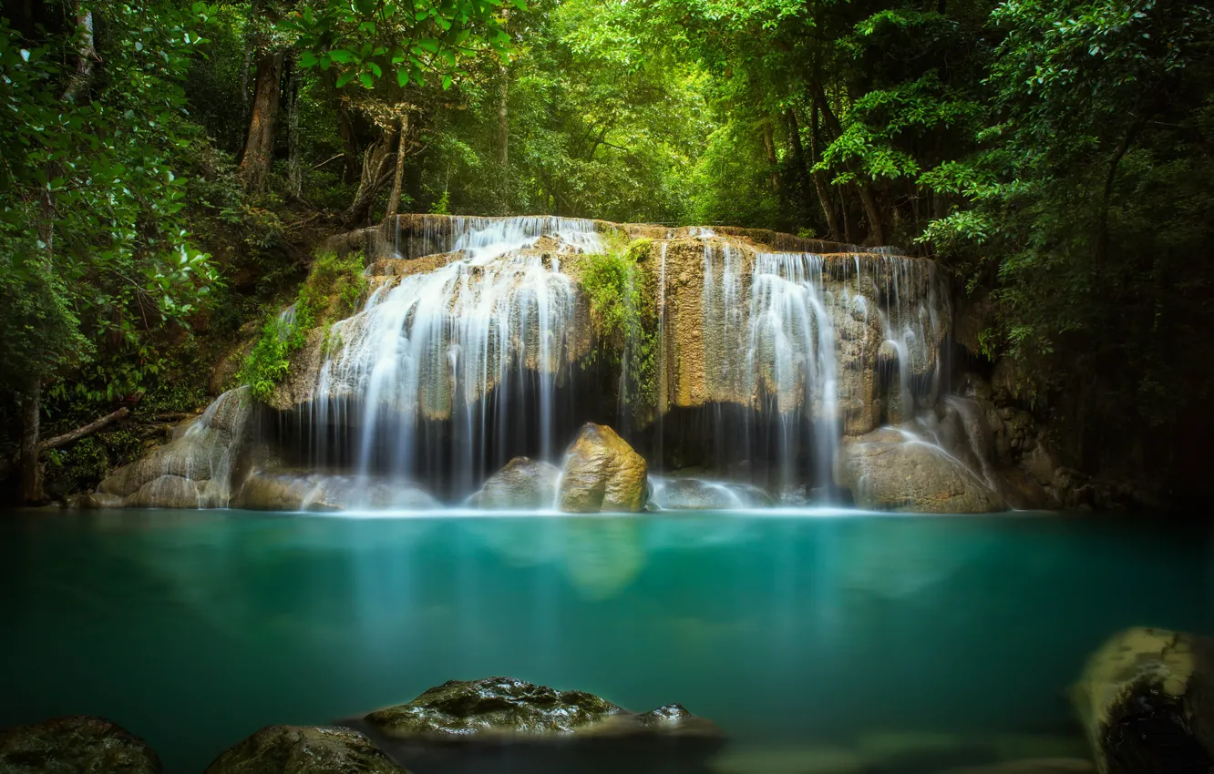 Photo wallpaper water, trees, stones, waterfall, stream