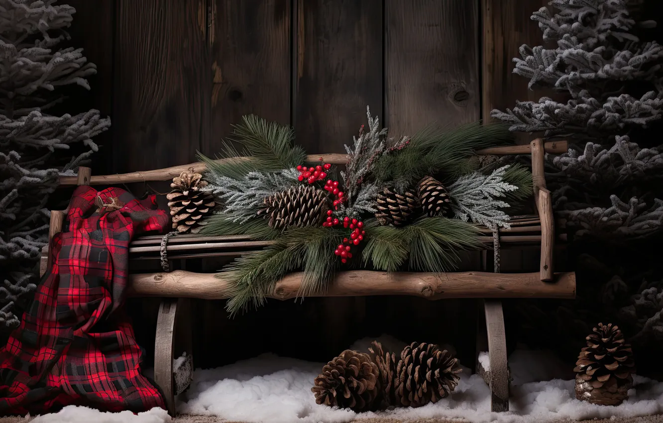 Photo wallpaper winter, snow, decoration, bench, night, tree, new year, Christmas