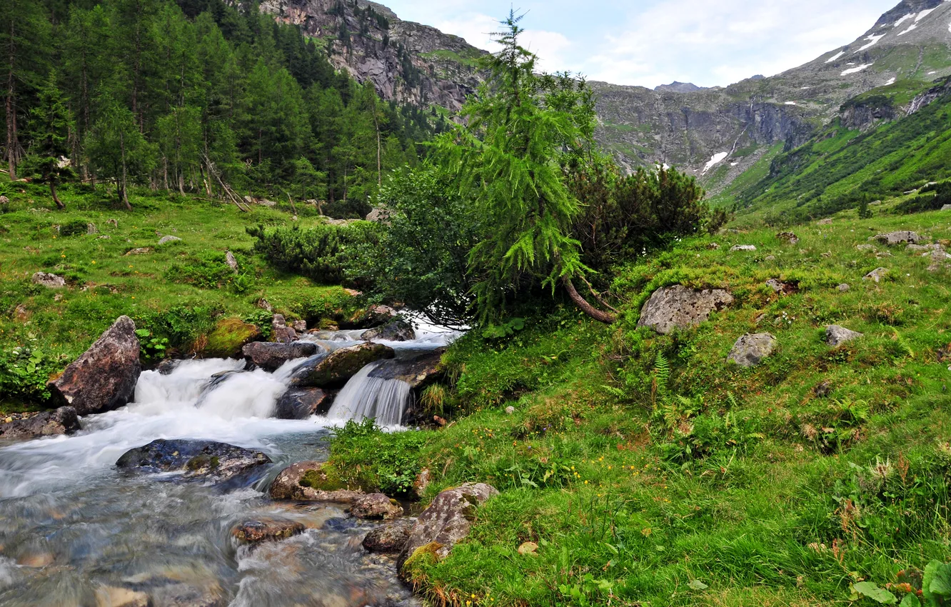 Photo wallpaper the sky, trees, mountains, river, Austria, Amertal