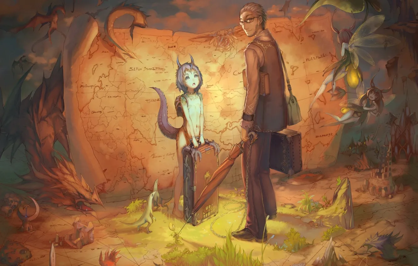 Photo wallpaper map, the demon, fairy, art, tail, horns, male, suitcase