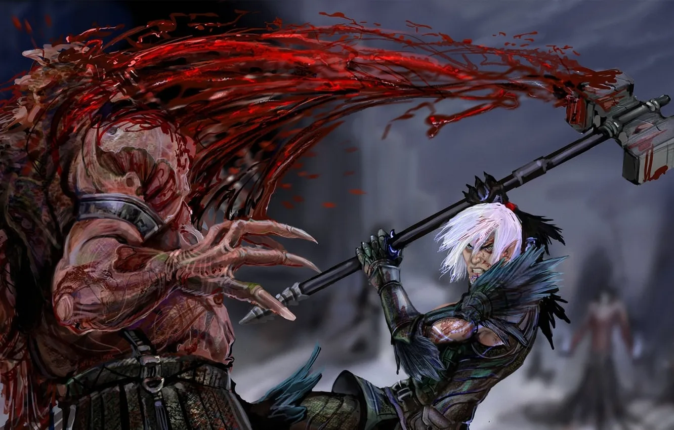 Photo wallpaper weapons, elf, monster, hammer, the demon, art, battle, Dragon Age