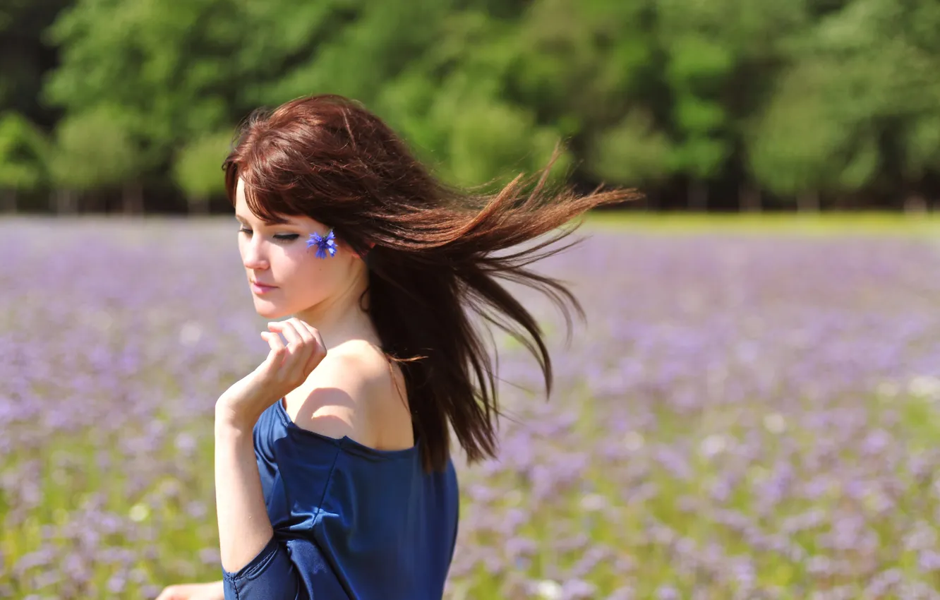 Photo wallpaper field, flower, girl, the wind, brown hair