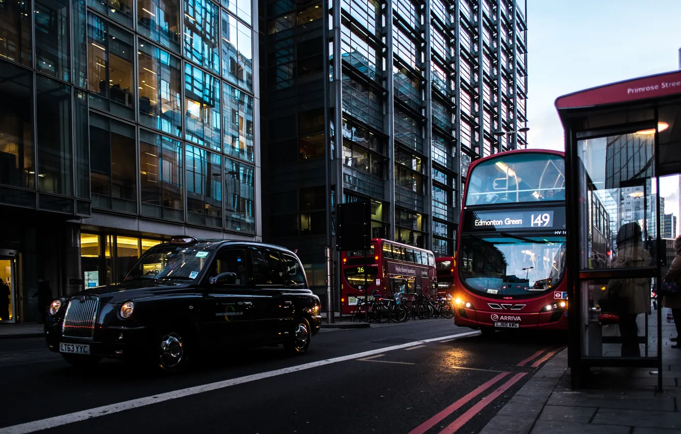 Photo wallpaper street, London, taxi, bus, stop, London