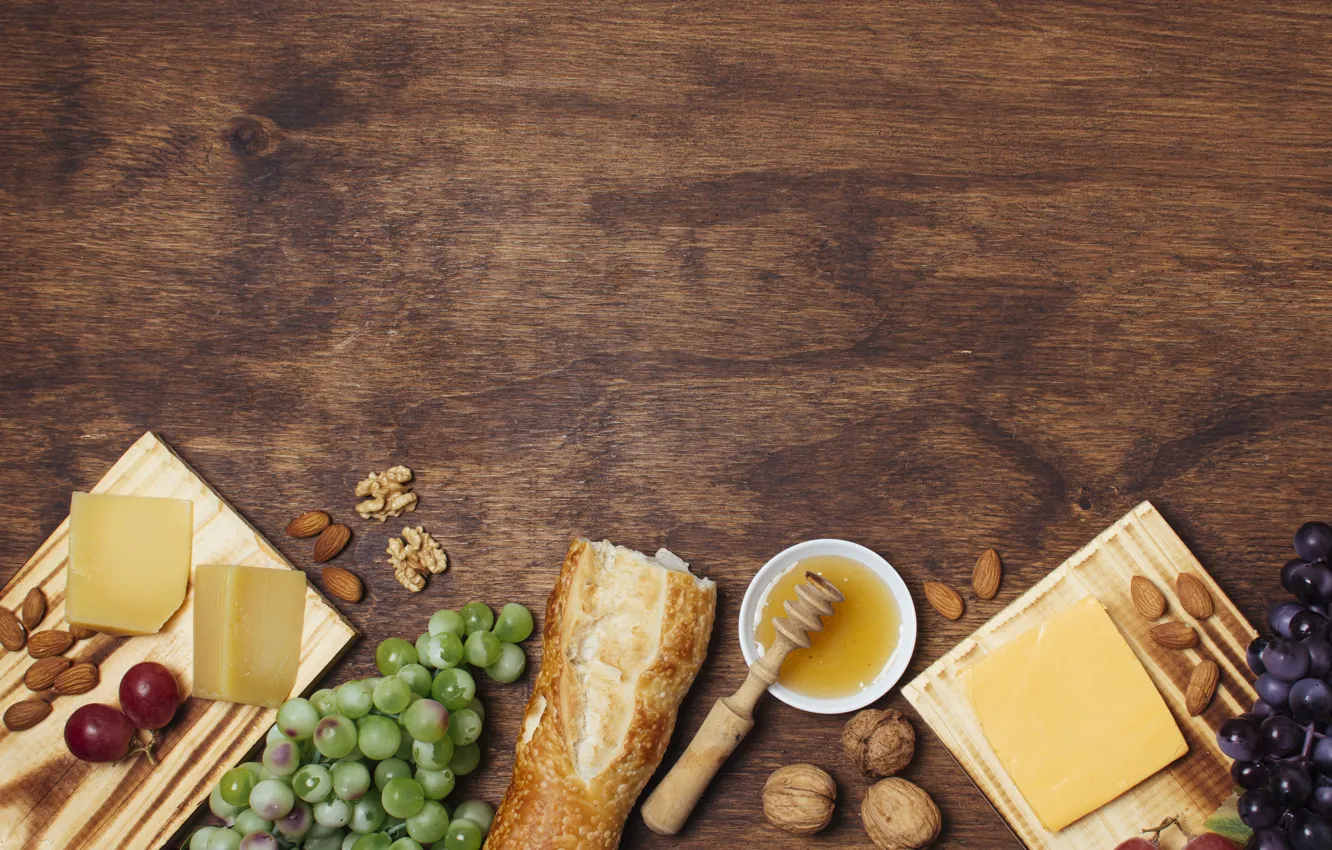 Photo wallpaper cheese, honey, bread, grapes, nuts, baguette