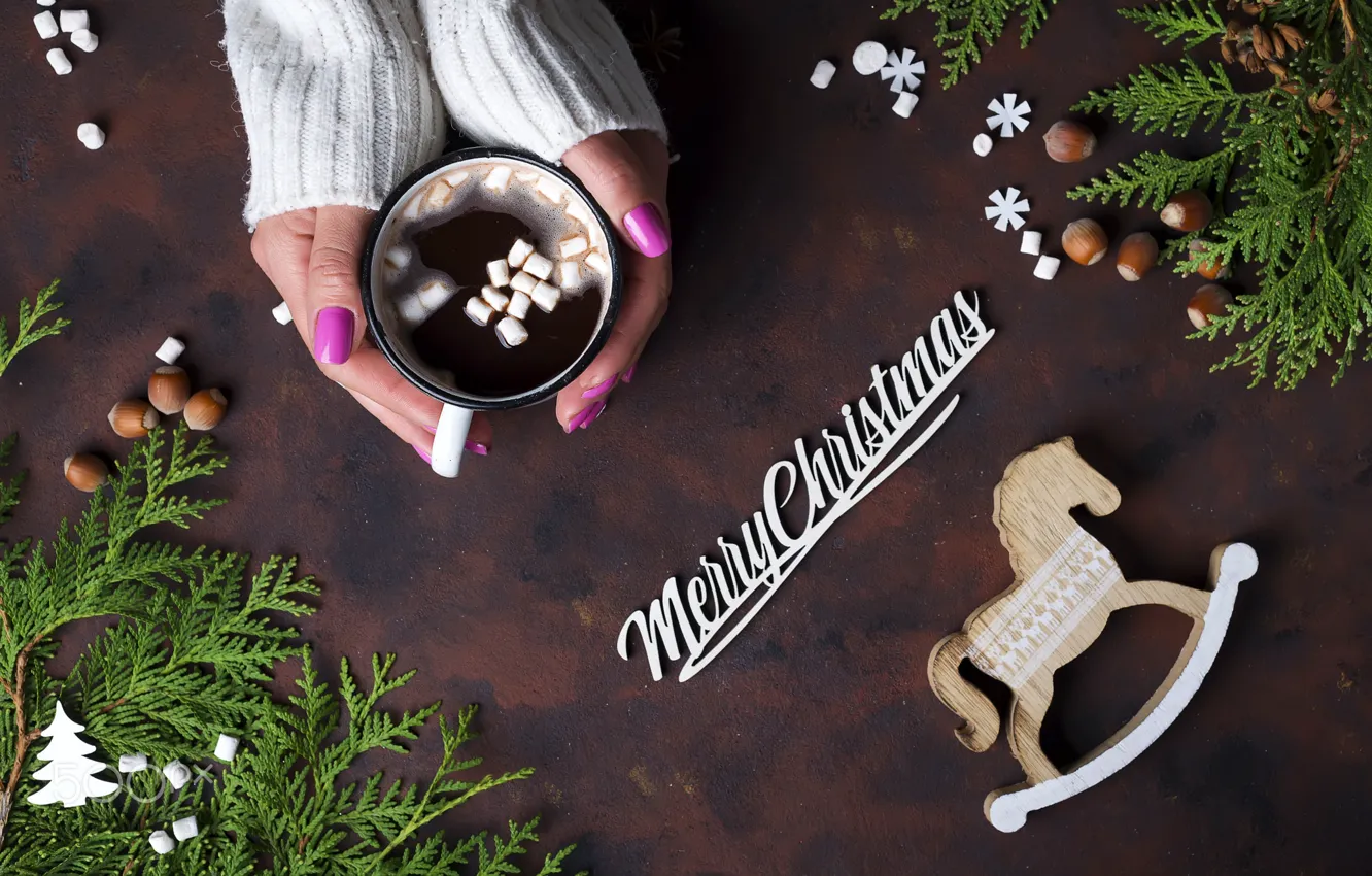 Photo wallpaper winter, coffee, hands, mug, nuts, Christmas, New Year, Merry