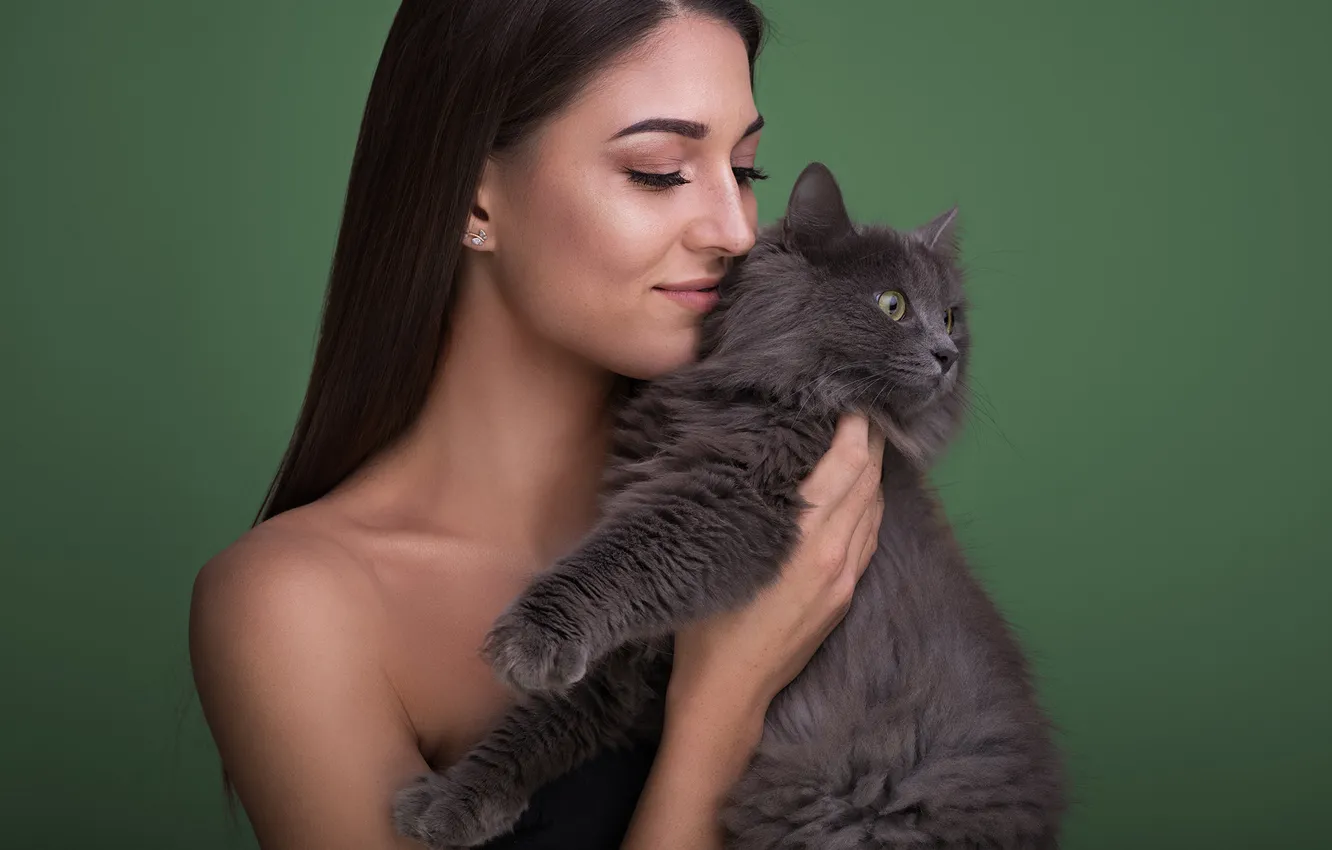 Photo wallpaper cat, cat, girl, smile, grey, each, portrait, brunette