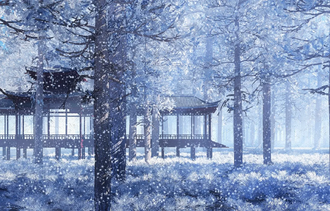 Photo wallpaper snow, Park, Japan, gazebo, snowfall, winter's tale, spruce forest