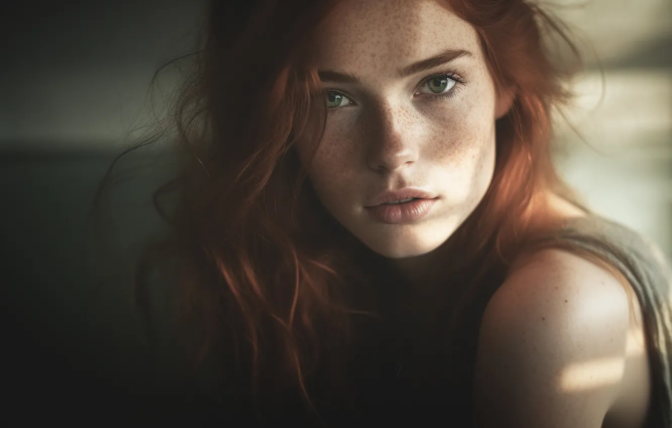 Photo wallpaper shoulders, pose, portrait, look, light, freckles, AI art, face