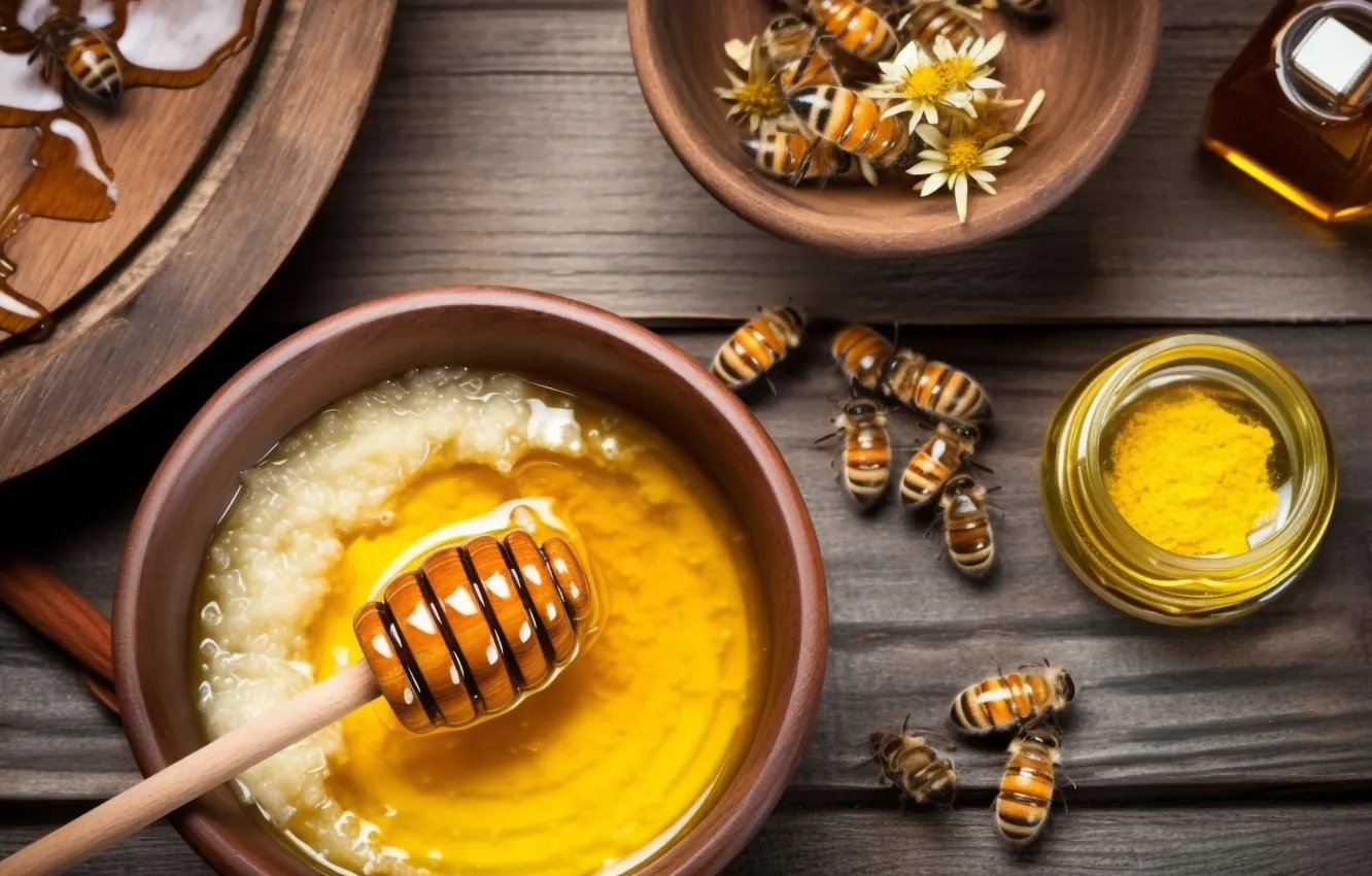 Photo wallpaper flowers, bee, Board, chamomile, honey, Bank, bowl, a spoon for honey