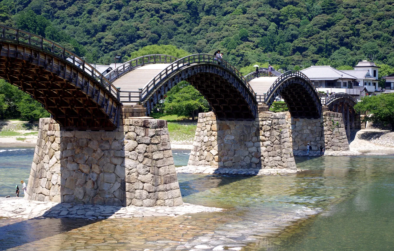 Photo wallpaper trees, mountains, bridge, river, China, Kintai Bridge, The Kintai