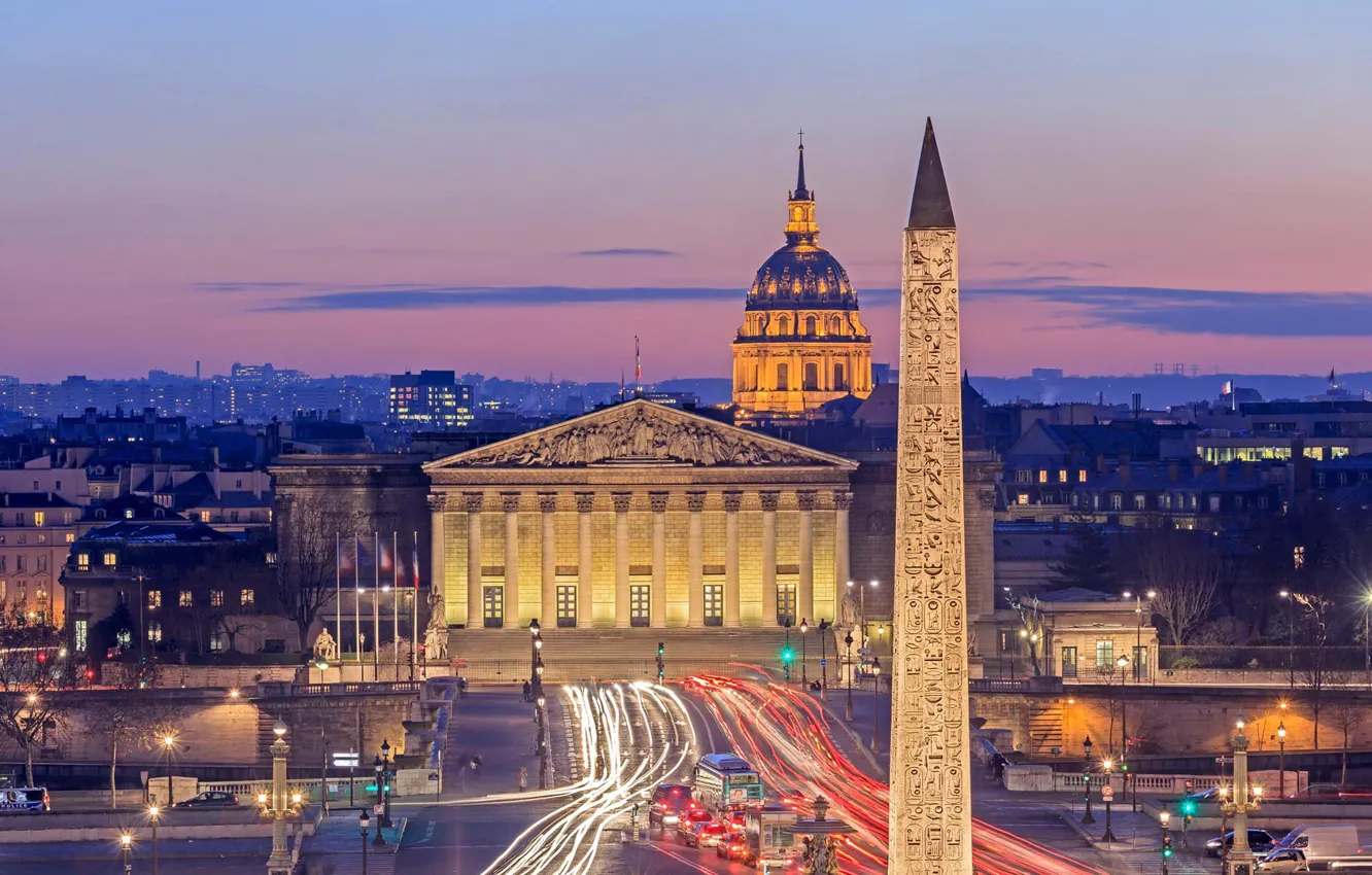 Photo wallpaper night, lights, France, Paris, obelisk, Concorde, The national Assembly, the dome of the Invalides
