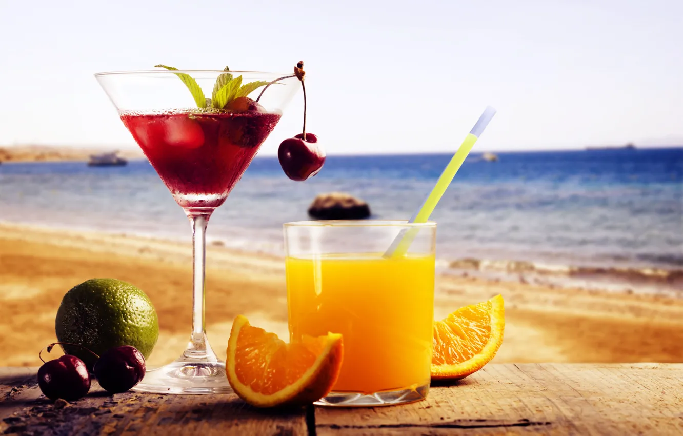 Photo wallpaper sea, beach, landscape, cherry, glass, glass, orange, drinks