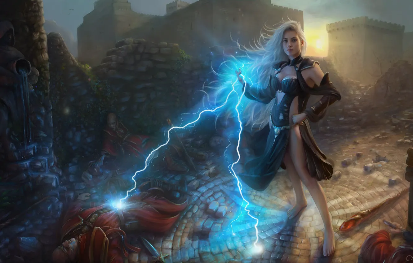 Photo wallpaper girl, magic, lightning, male, defeated