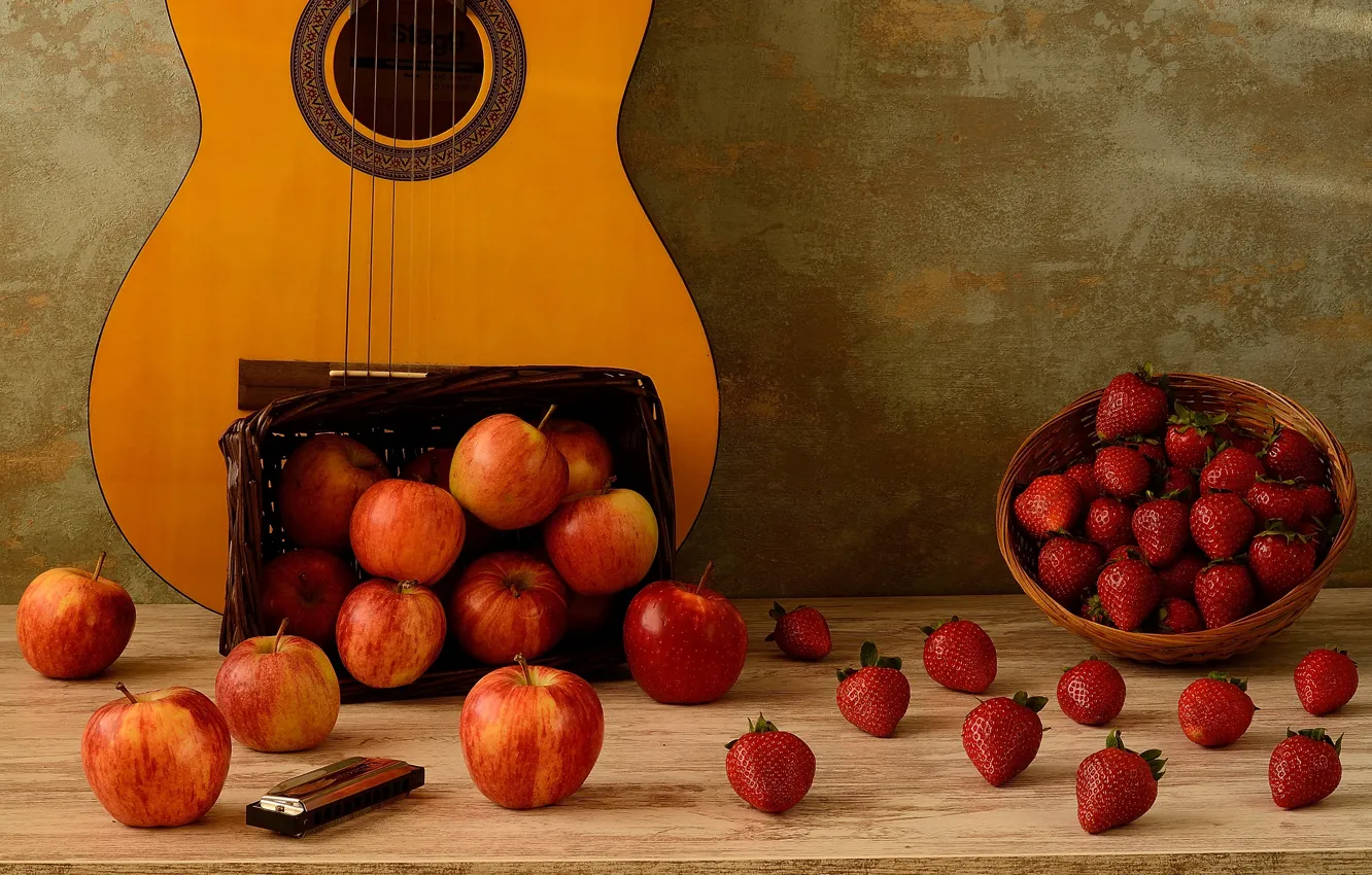 Photo wallpaper table, wall, basket, apples, guitar, strawberry, berry, fruit