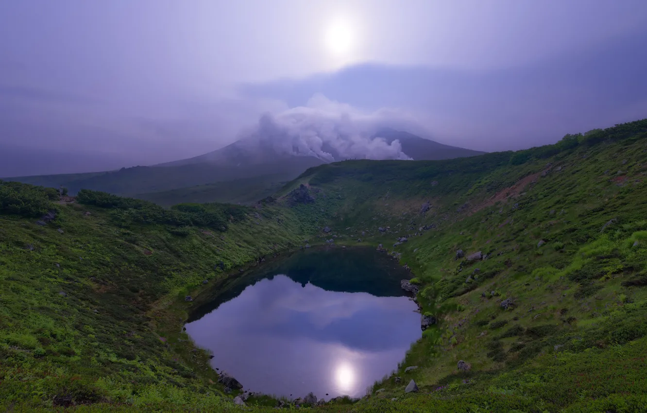 Photo wallpaper fog, lake, mountains