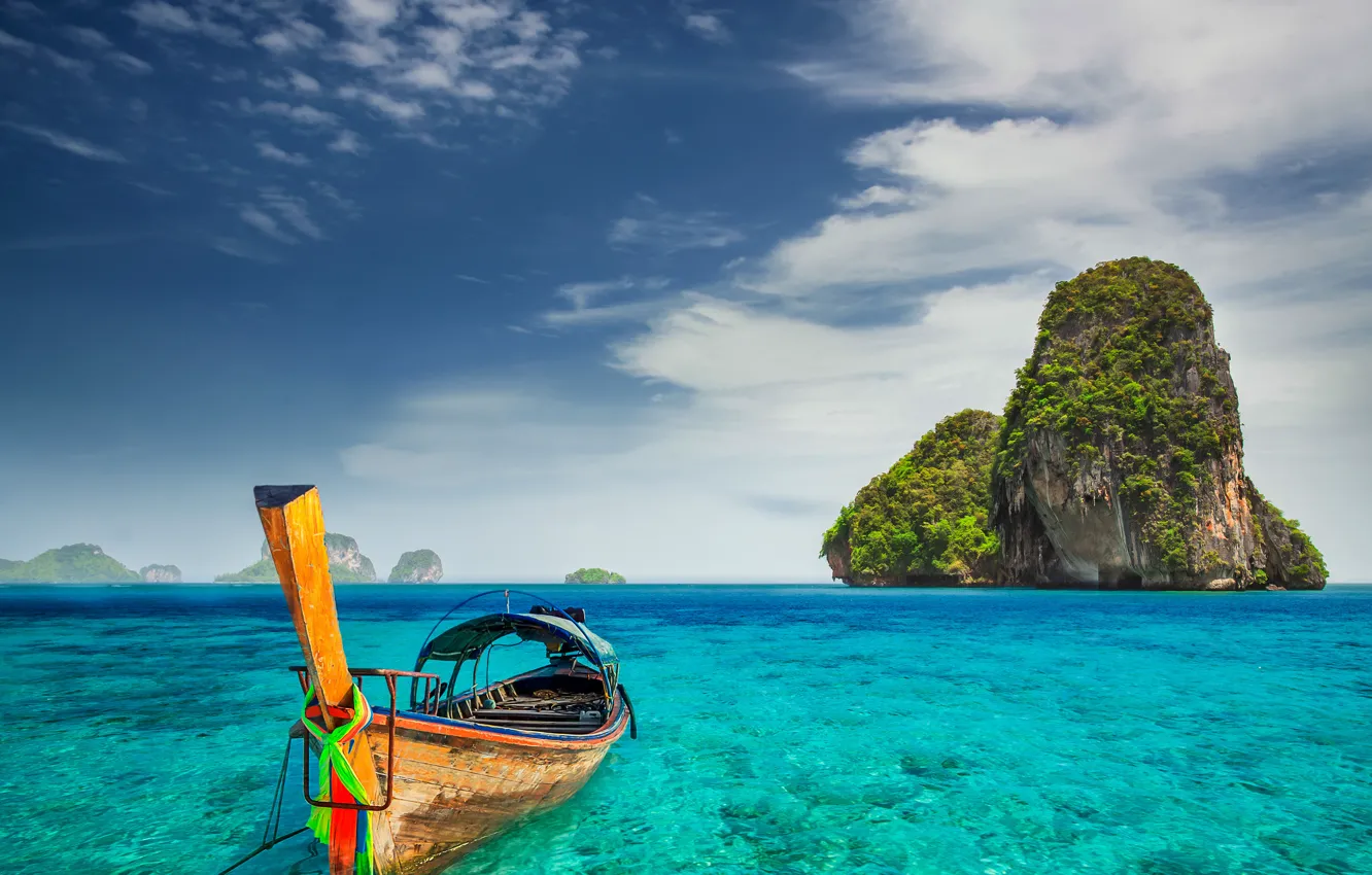 Photo wallpaper beach, Islands, rocks, boat, Thailand, Thailand, Railay beach