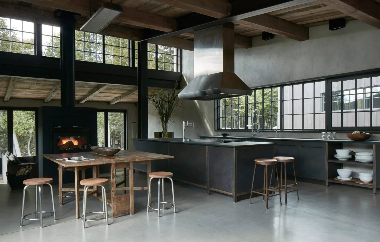 Photo wallpaper design, style, interior, kitchen, fireplace, dining room, Rustic industrial kitchen-dining space
