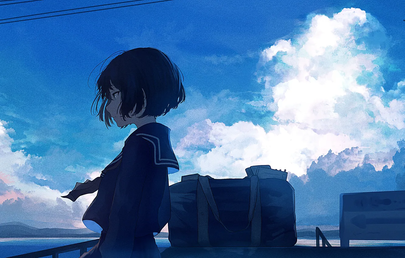 Photo wallpaper the sky, water, clouds, schoolgirl