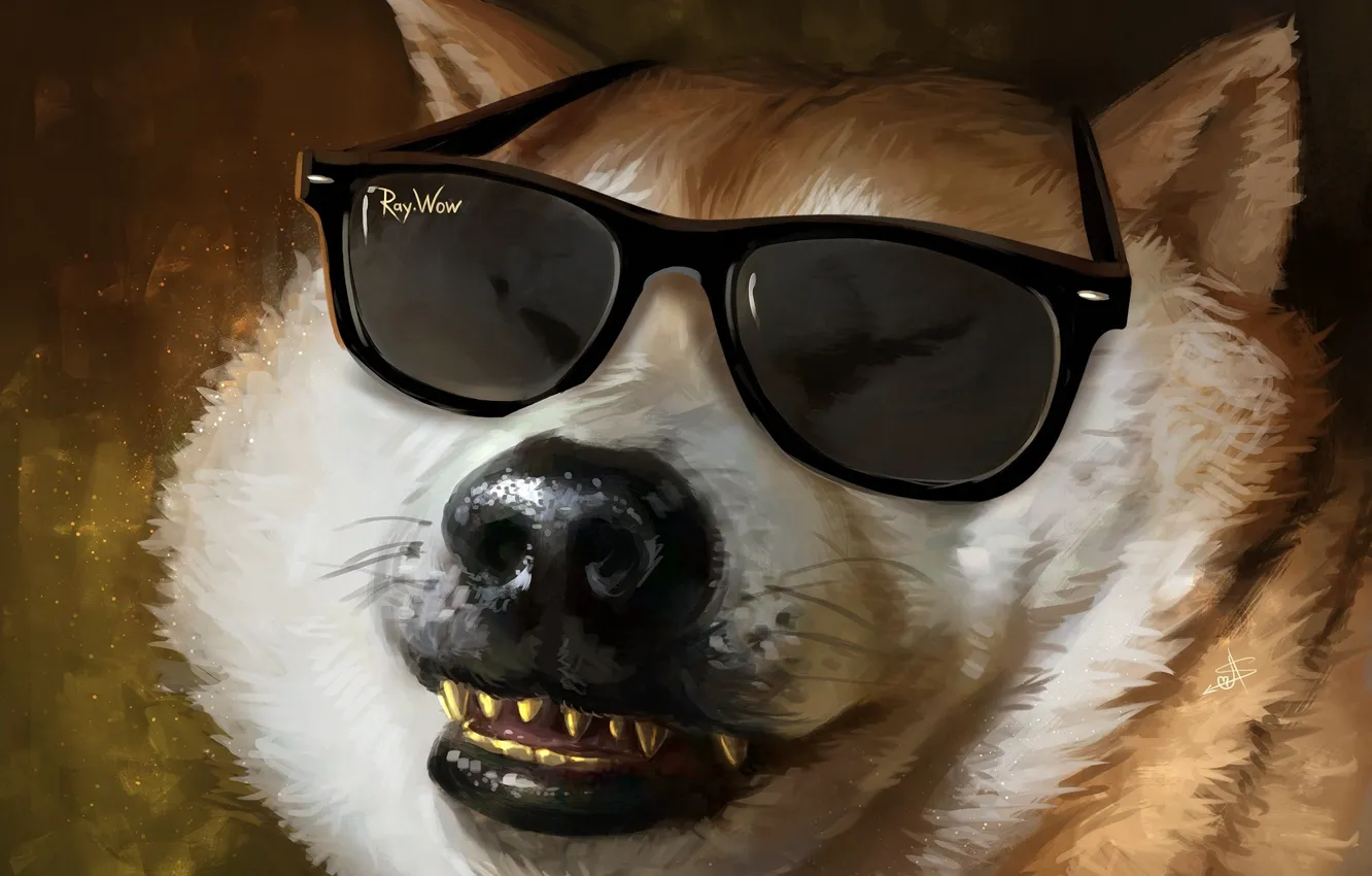 Photo wallpaper face, dog, teeth, wool, nose, art, glasses, dog