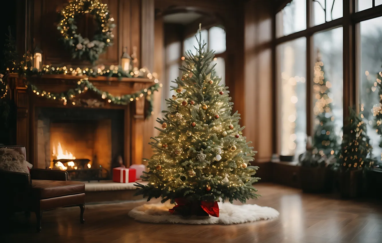 Photo wallpaper decoration, room, gift, tree, new year, interior, Christmas, Christmas