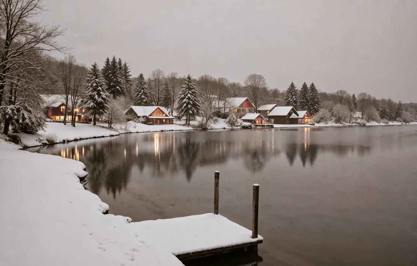 Photo wallpaper winter, snow, the city, river, home, house, hut, nature