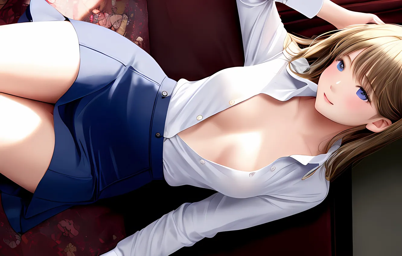 Photo wallpaper girl, sexy, cleavage, long hair, boobs, smile, anime, beautiful