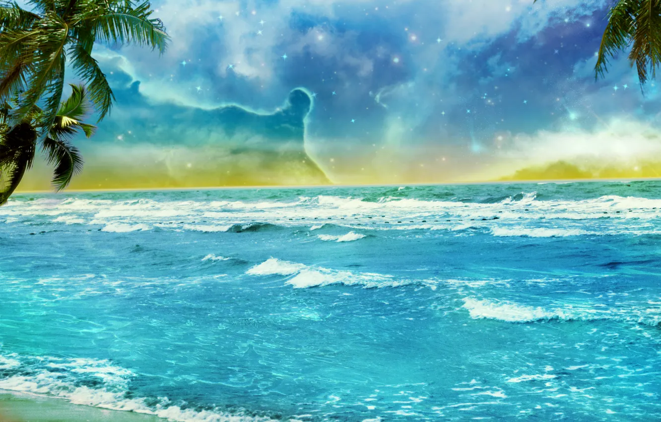 Photo wallpaper beach, the sky, clouds, palm trees, the ocean, shore, stars, art