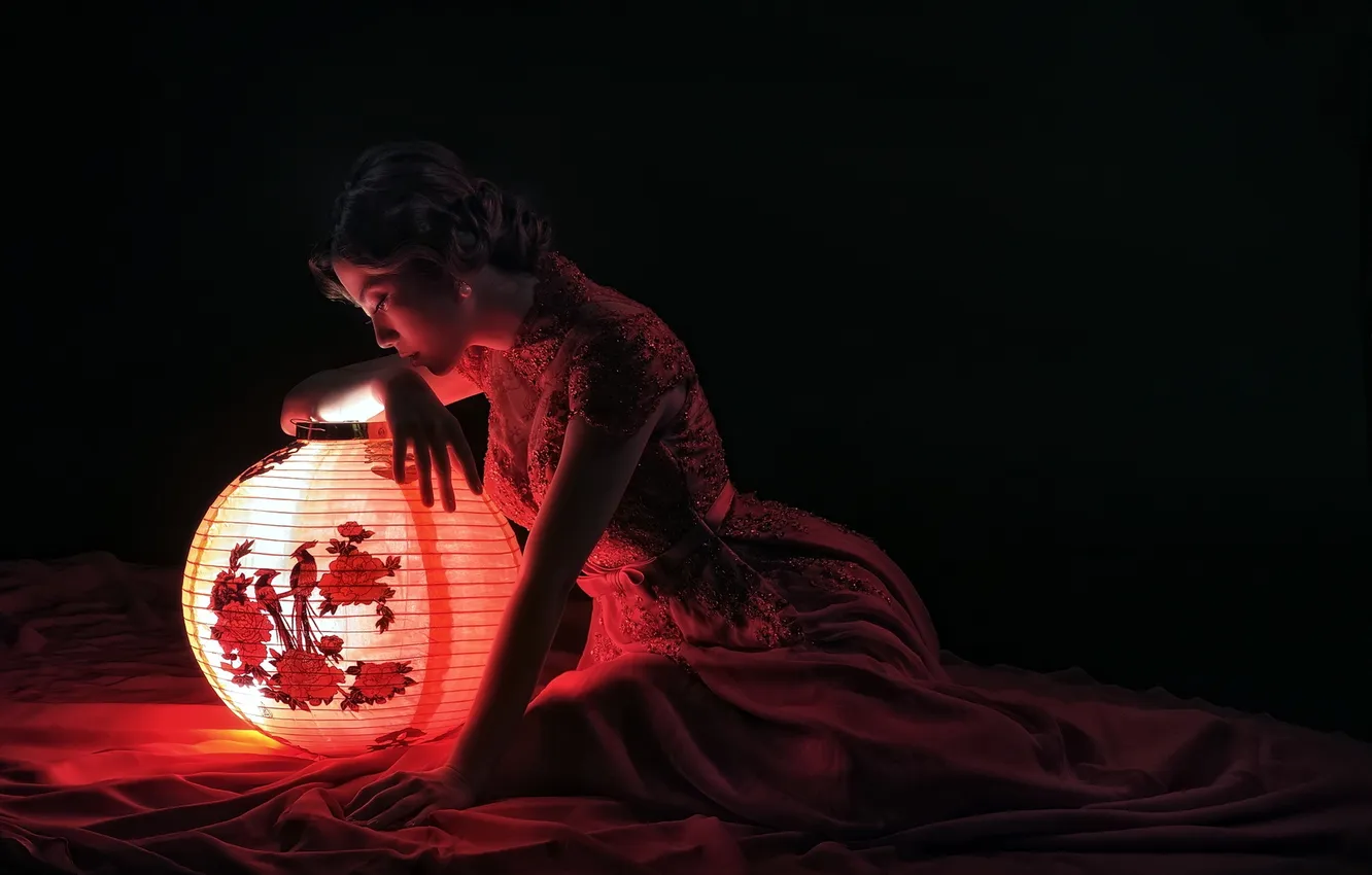 Photo wallpaper girl, lamp, Asian