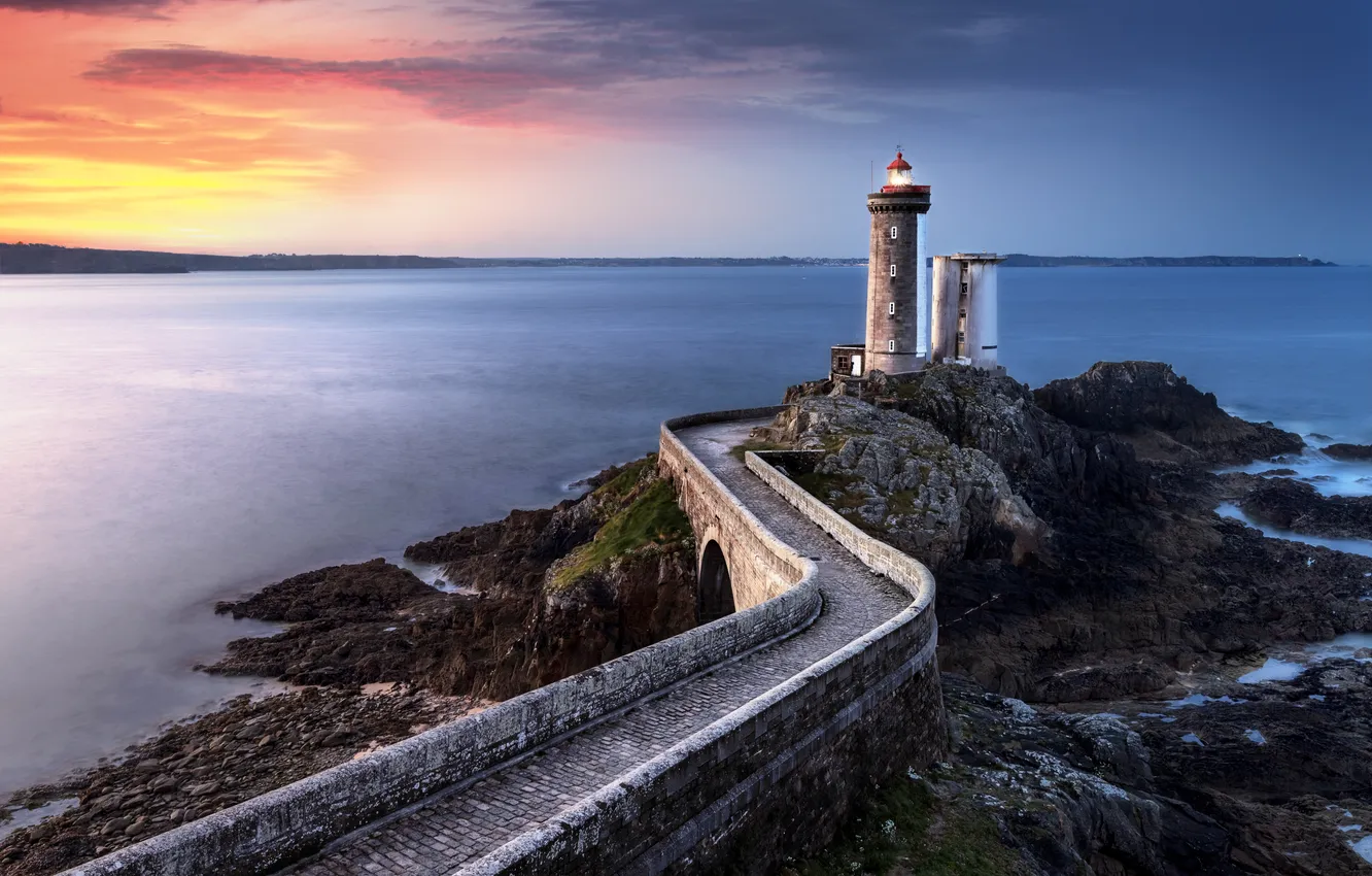 Photo wallpaper sea, clouds, sunset, lights, lighthouse, horizon