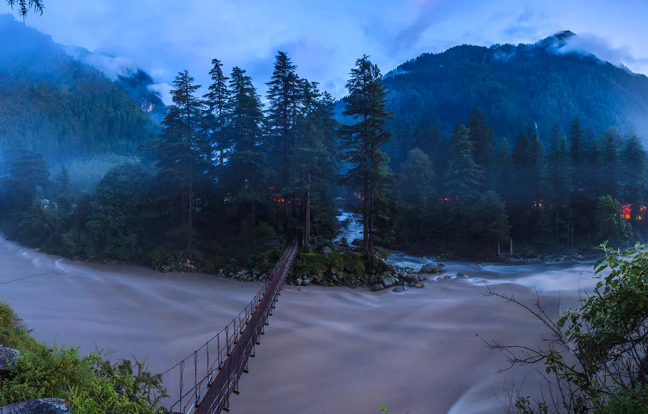 Photo wallpaper mountains, bridge, India, Himachal Pradesh, the river Parvati