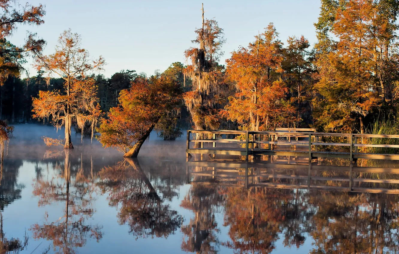 Photo wallpaper autumn, landscape, bridge, lake