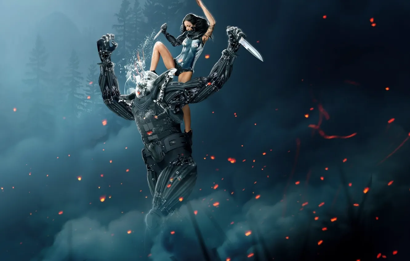 Photo wallpaper girl, weapons, technology, battle, girl, cyborg, blurred background, fantasy art