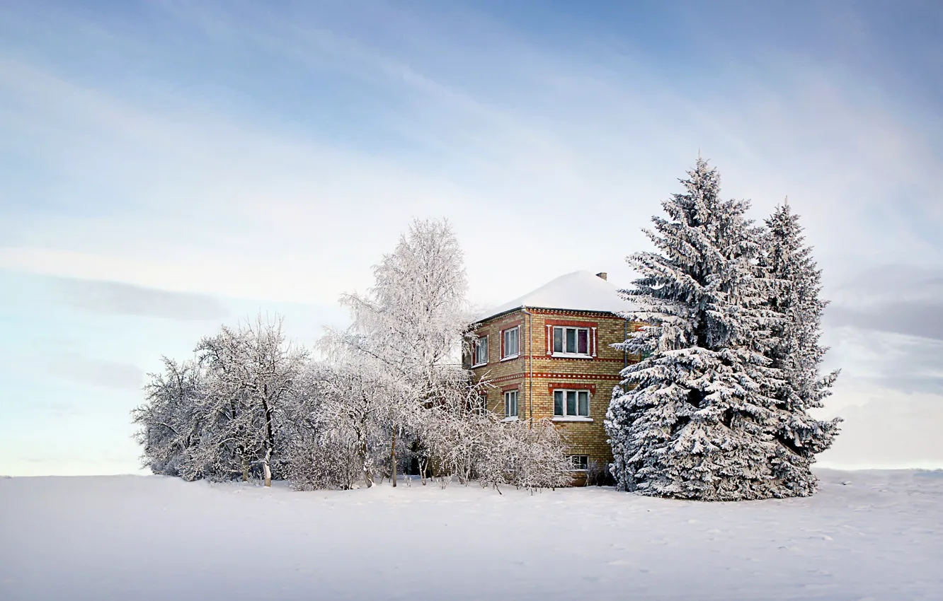 Photo wallpaper winter, the sky, clouds, snow, trees, house