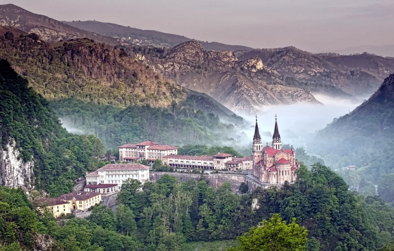 Photo wallpaper forest, mountains, nature, fog, photo, castle, building, Cathedral