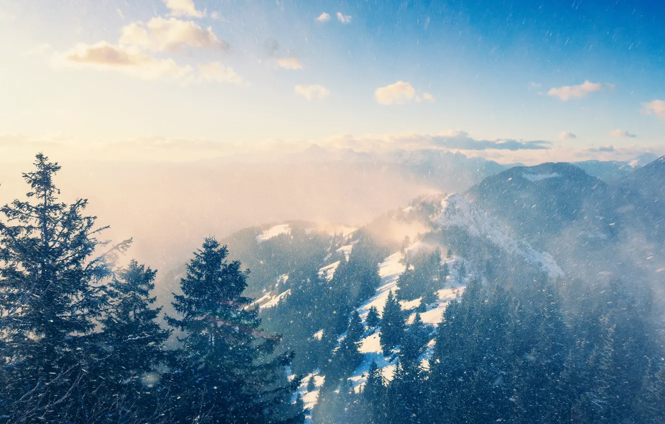 Photo wallpaper snow, mountains, fog