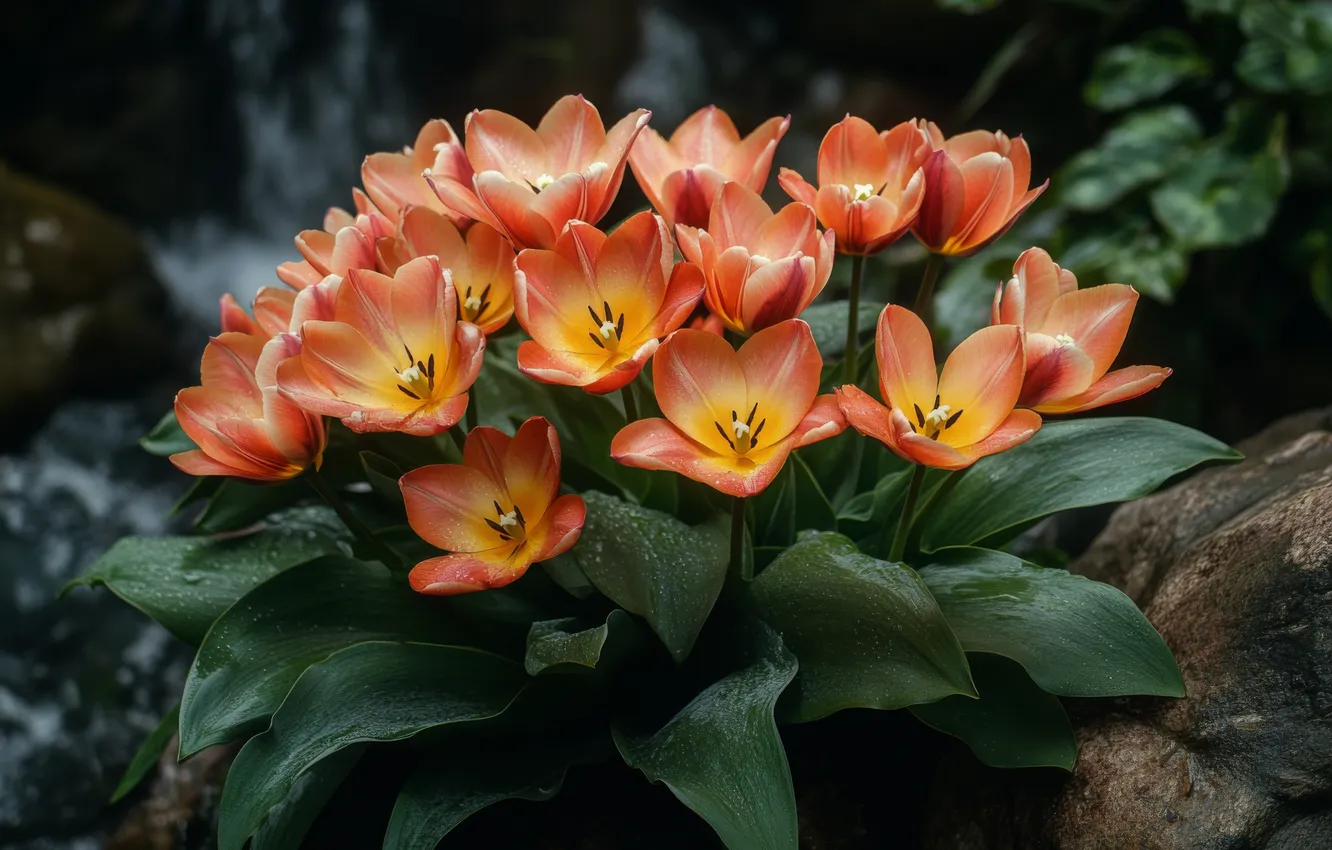 Photo wallpaper leaves, flowers, orange, stones, tulips, bushes, AI art, neural network