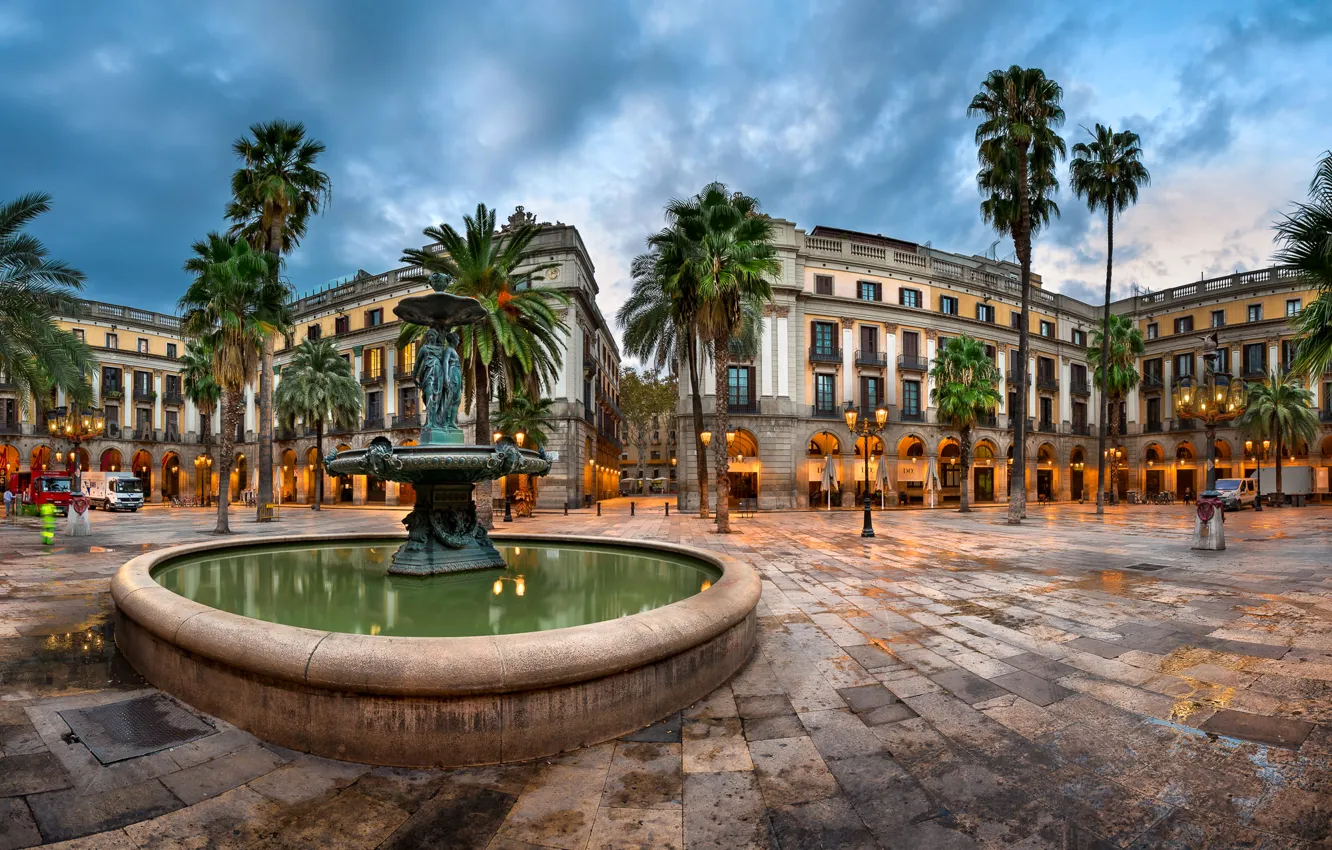 Photo wallpaper lights, palm trees, the evening, area, lights, fountain, Spain, Palace