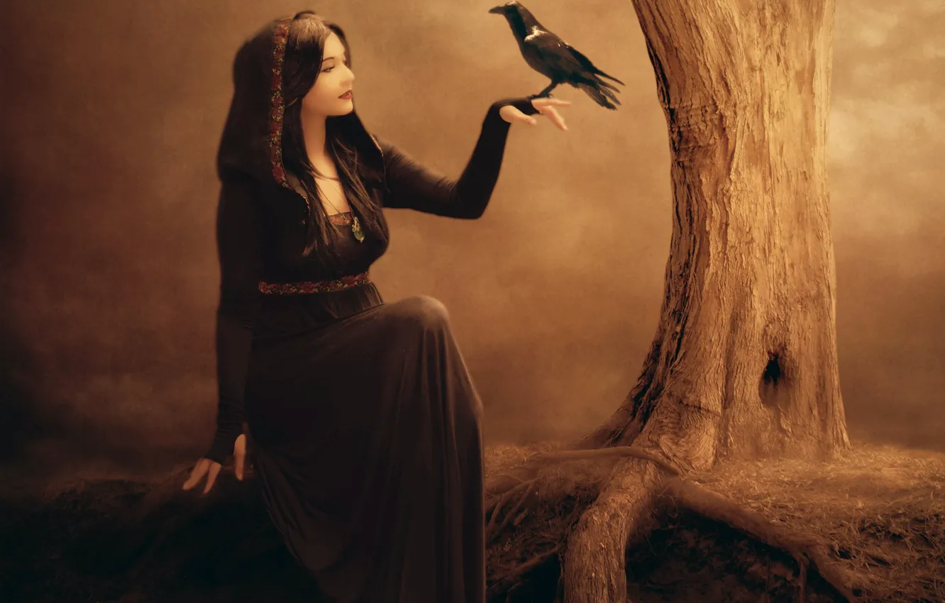 Photo wallpaper girl, face, fiction, tree, bird, hand, makeup, dress