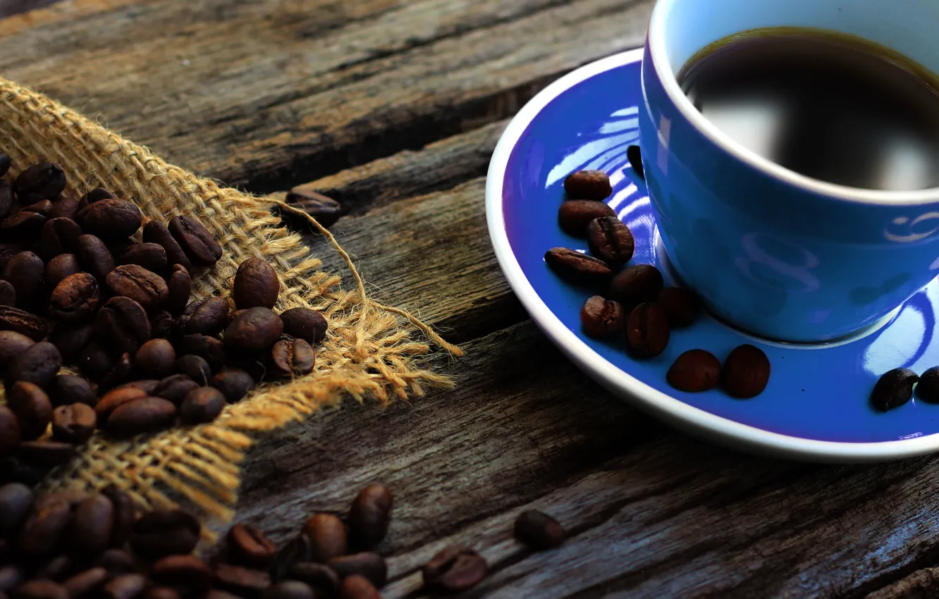 Photo wallpaper blue, Board, coffee, mug, Cup, dishes, drink, coffee beans