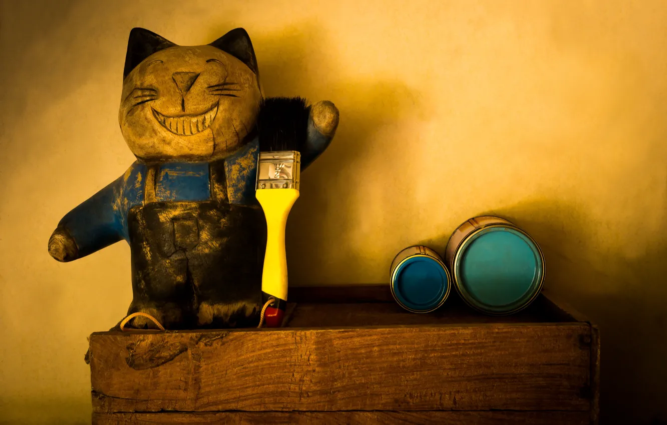 Photo wallpaper cat, mustache, paint, toy, positive, paws, blur, tail