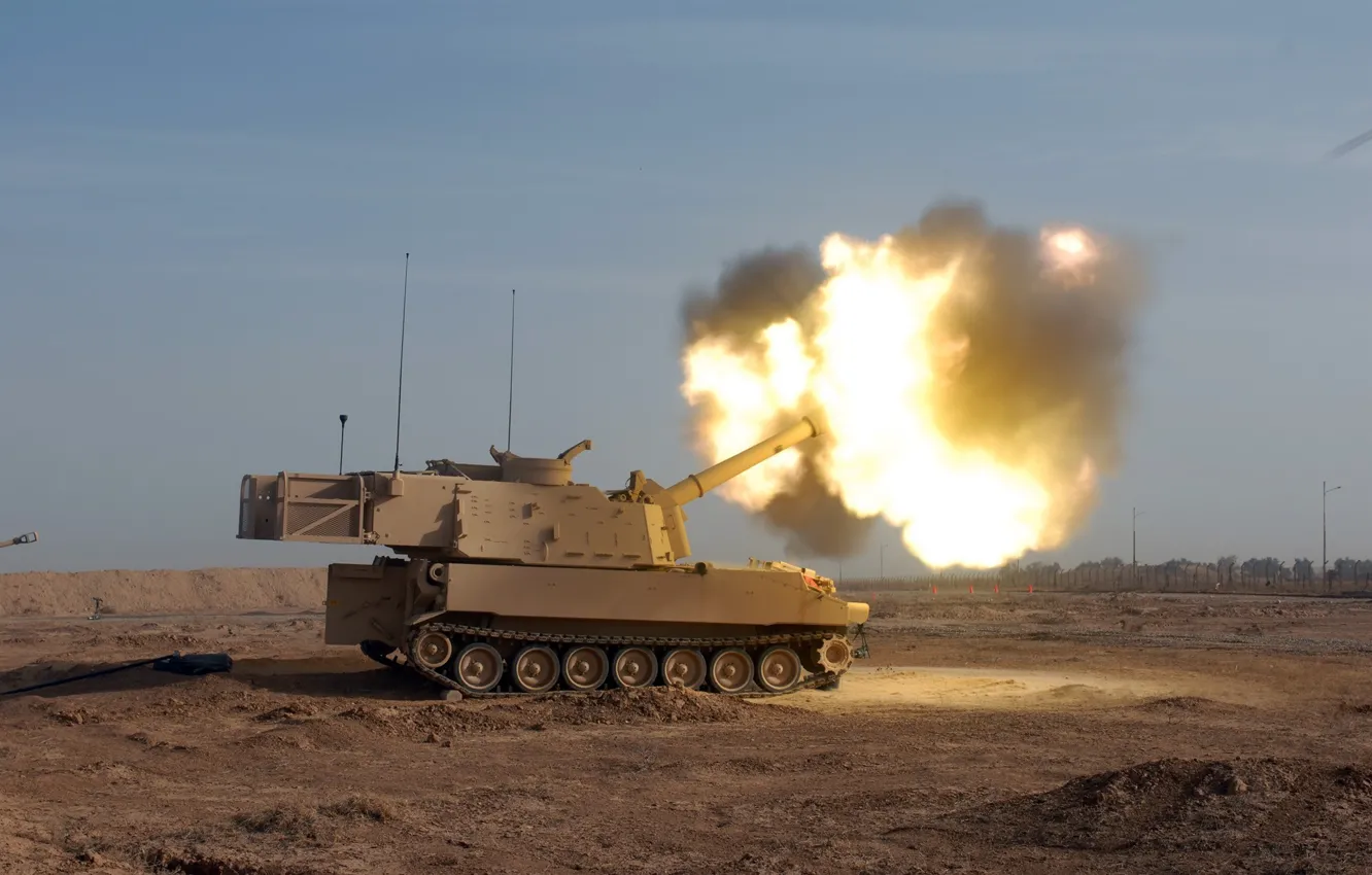 Photo wallpaper desert, shot, howitzer, "Paladin", M109A6