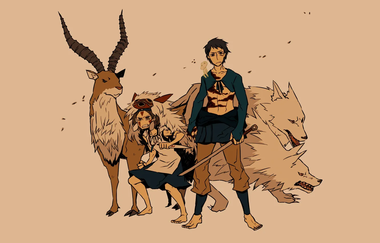 Photo wallpaper power, wolf, sword, deer, grin, Prince, Hayao Miyazaki, Princess Mononoke