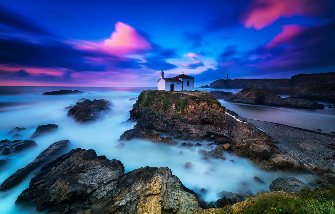 Photo wallpaper sea, the sky, clouds, sunset, stones, rocks, blue, shore