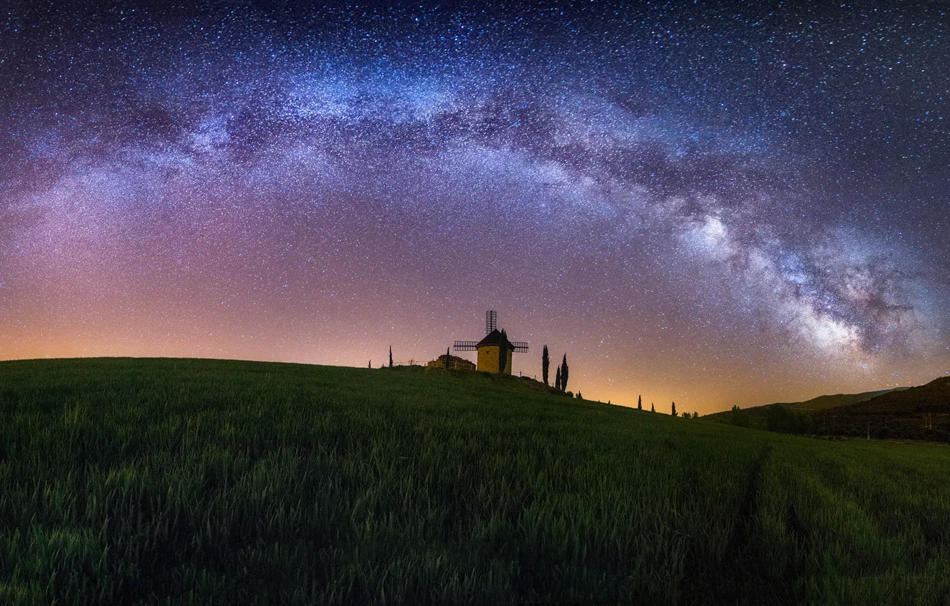 Photo wallpaper field, summer, grass, stars, trees, night, nature, hills